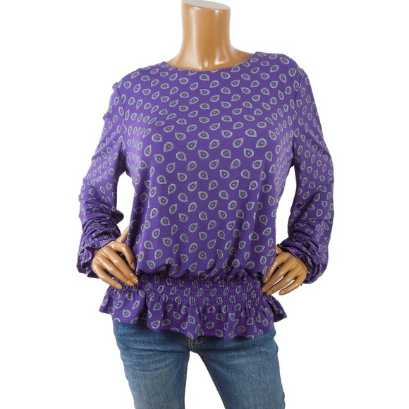 Michael Kors Tops - MICHAEL KORS Top XL MK Logo Tie Back Purple Paisley Blouse Stretch Shirt